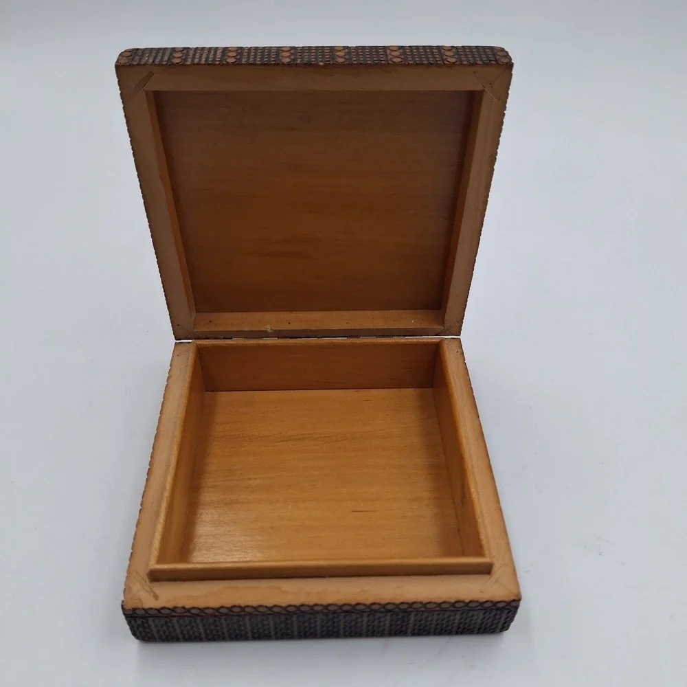 Vintage Hand Carved Wooden Trinket Box Geometric Folk Art Pyrography Square